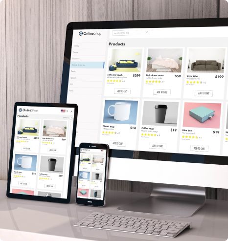 Computer, tablet, and mobile phone displaying product pages on an eCommerce site