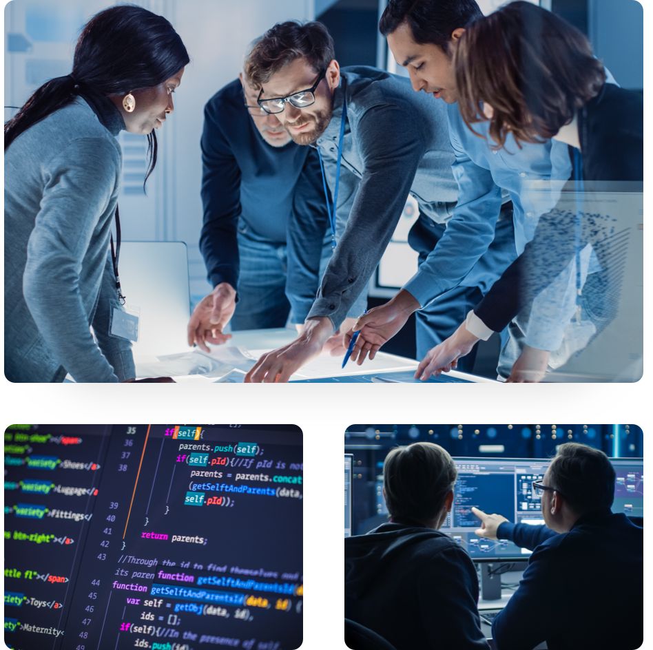 Collage of engineers programming on computers and planning together in a meeting room.