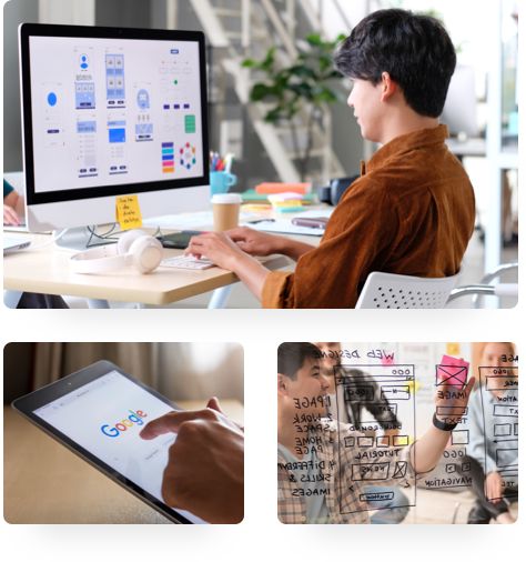 Collage of Three co-workers looking at a chart. A person sitting at their desk typing on their keyboard as they look at their monitor and A person about to tap on their table to conduct a Google search.
